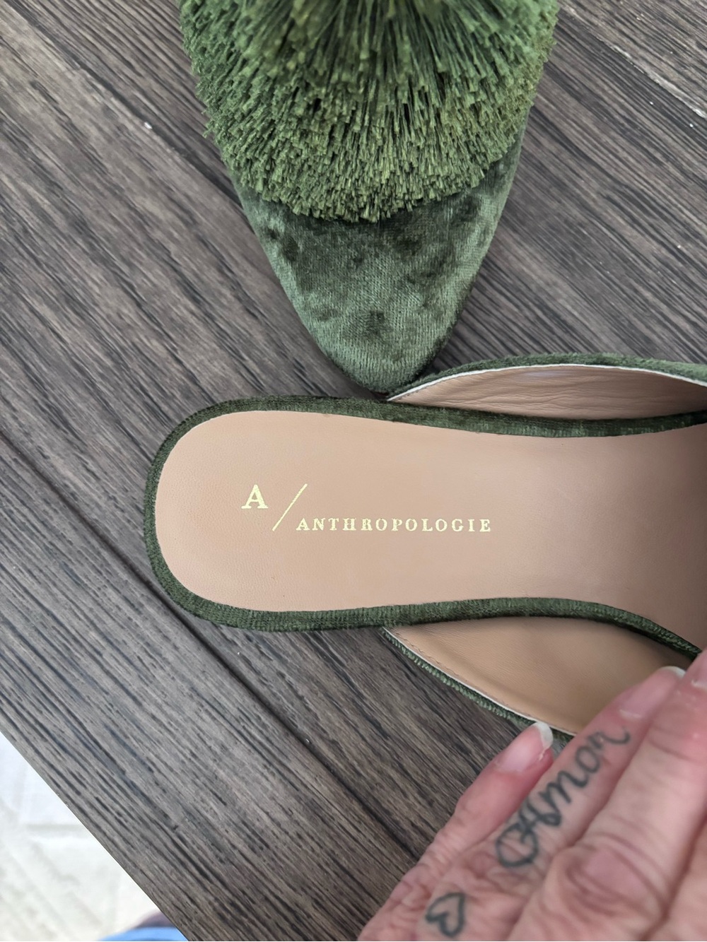 Anthropologie Olive Green Velvet Pom-Pom Pointed Toe Flats - Picture 3 of 4